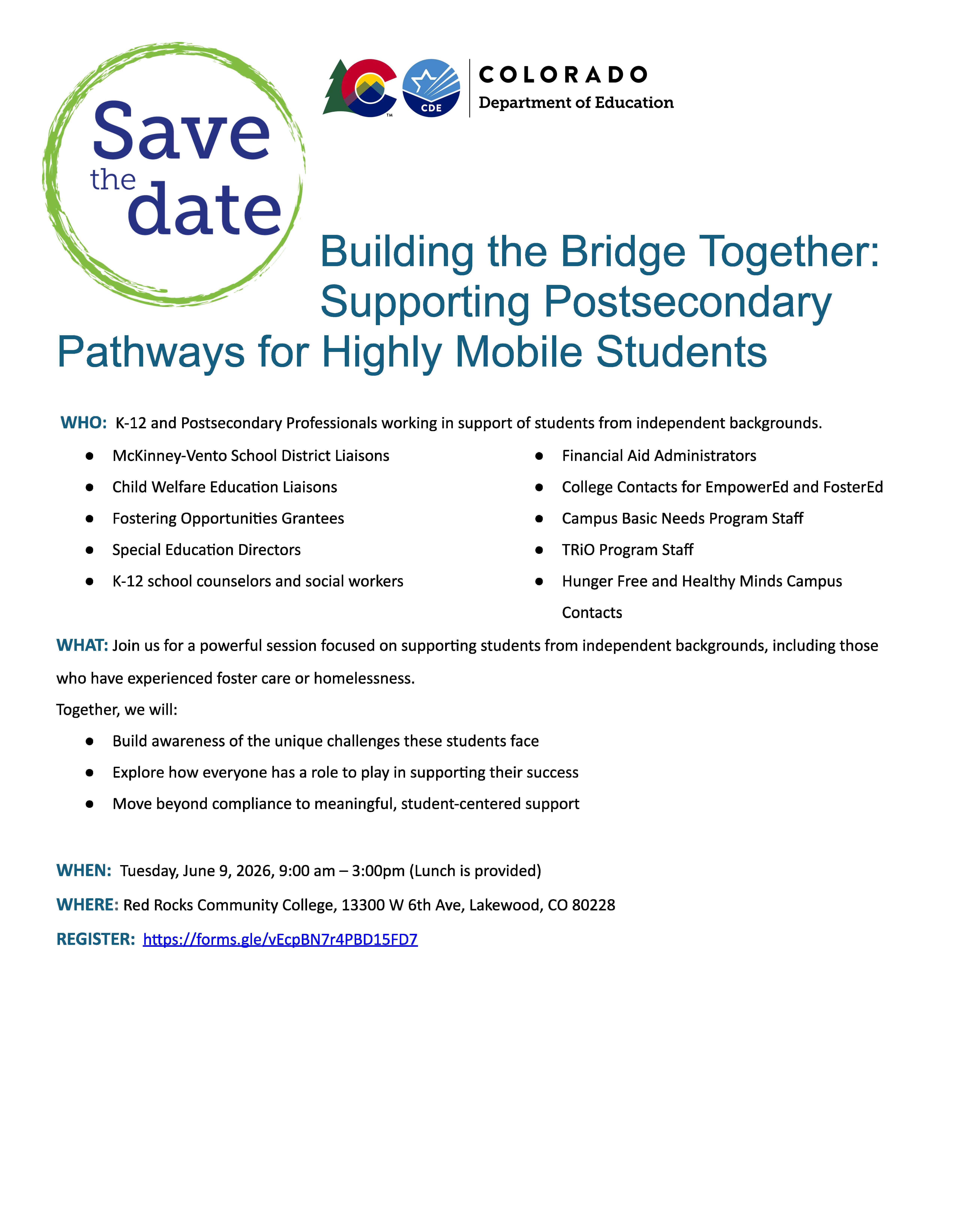 Save the date: Building the Bridge Together: Supporting Postsecondary Pathways for Highly Mobile Students